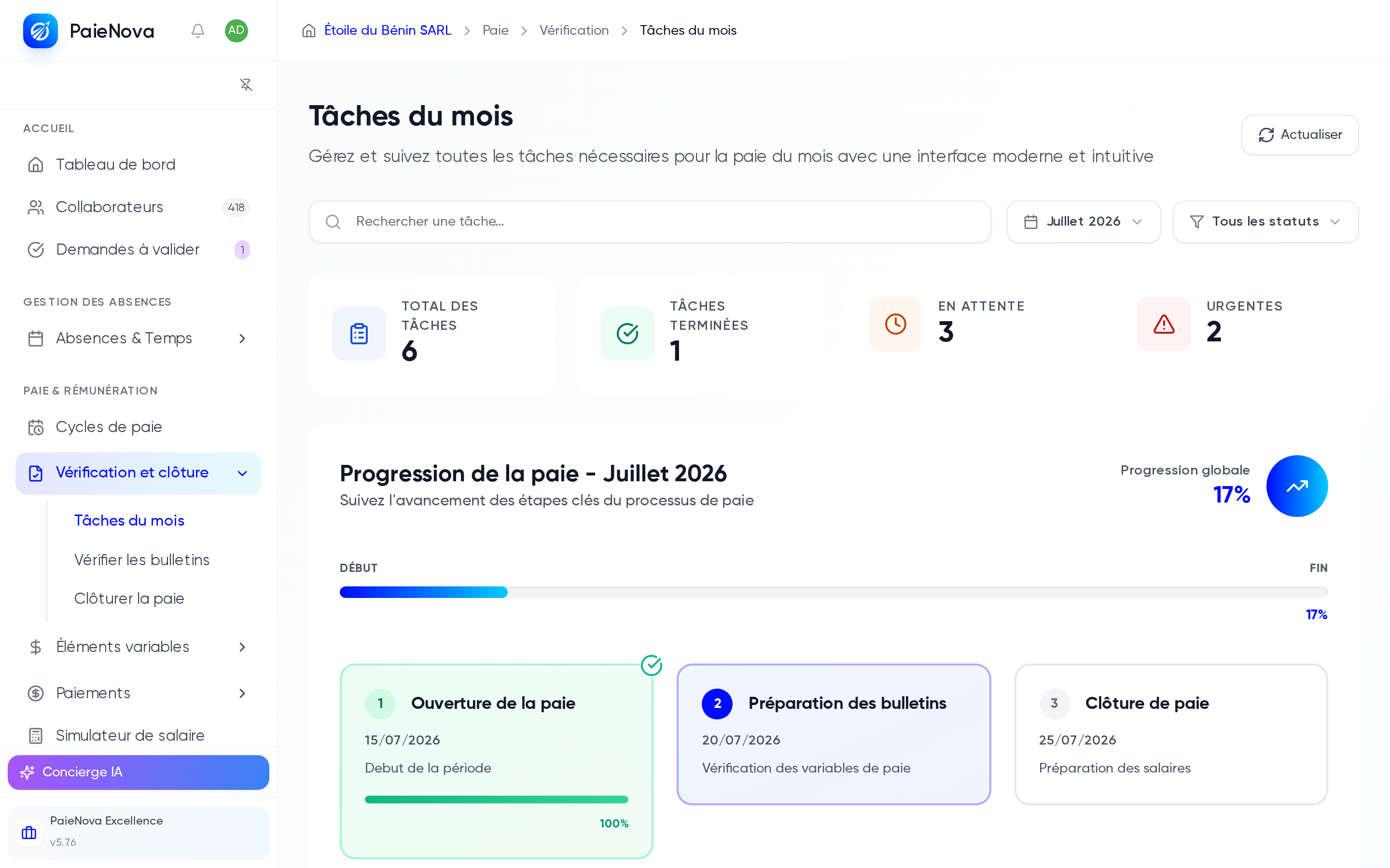 Vue d'ensemble du module Paie : groupe Paie et Rémunération dans la barre latérale et page Tâches du mois