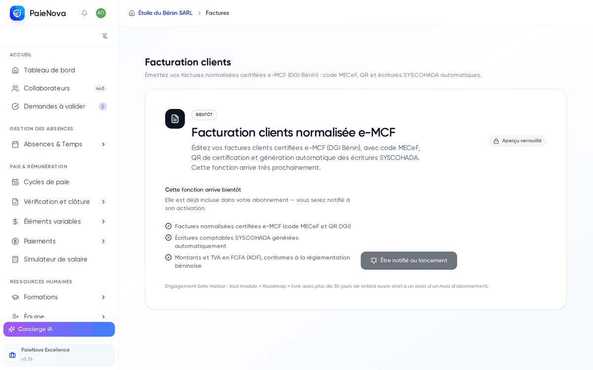 Écran Facturation clients verrouillé « Bientôt » : carte Facturation clients normalisée e-MCF avec l’aperçu verrouillé et le bouton Être notifié au lancement