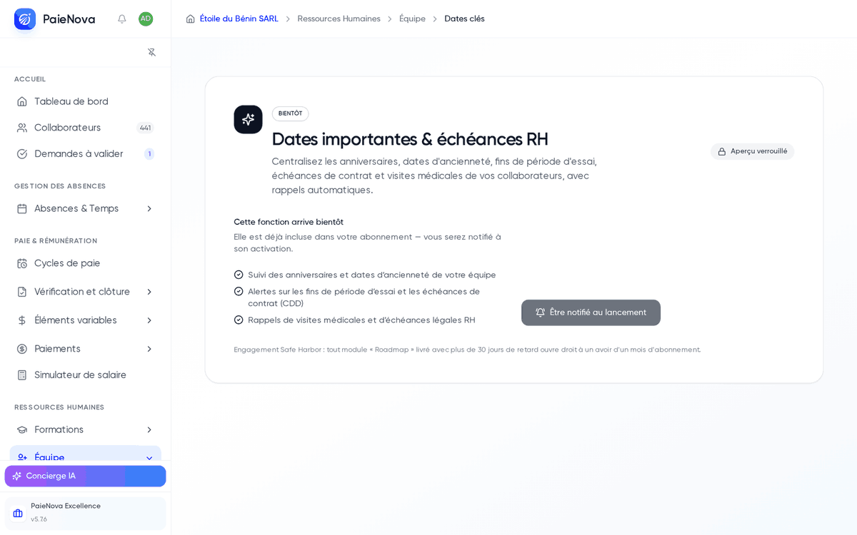 Page Dates importantes annoncée comme à venir, avec l’aperçu verrouillé